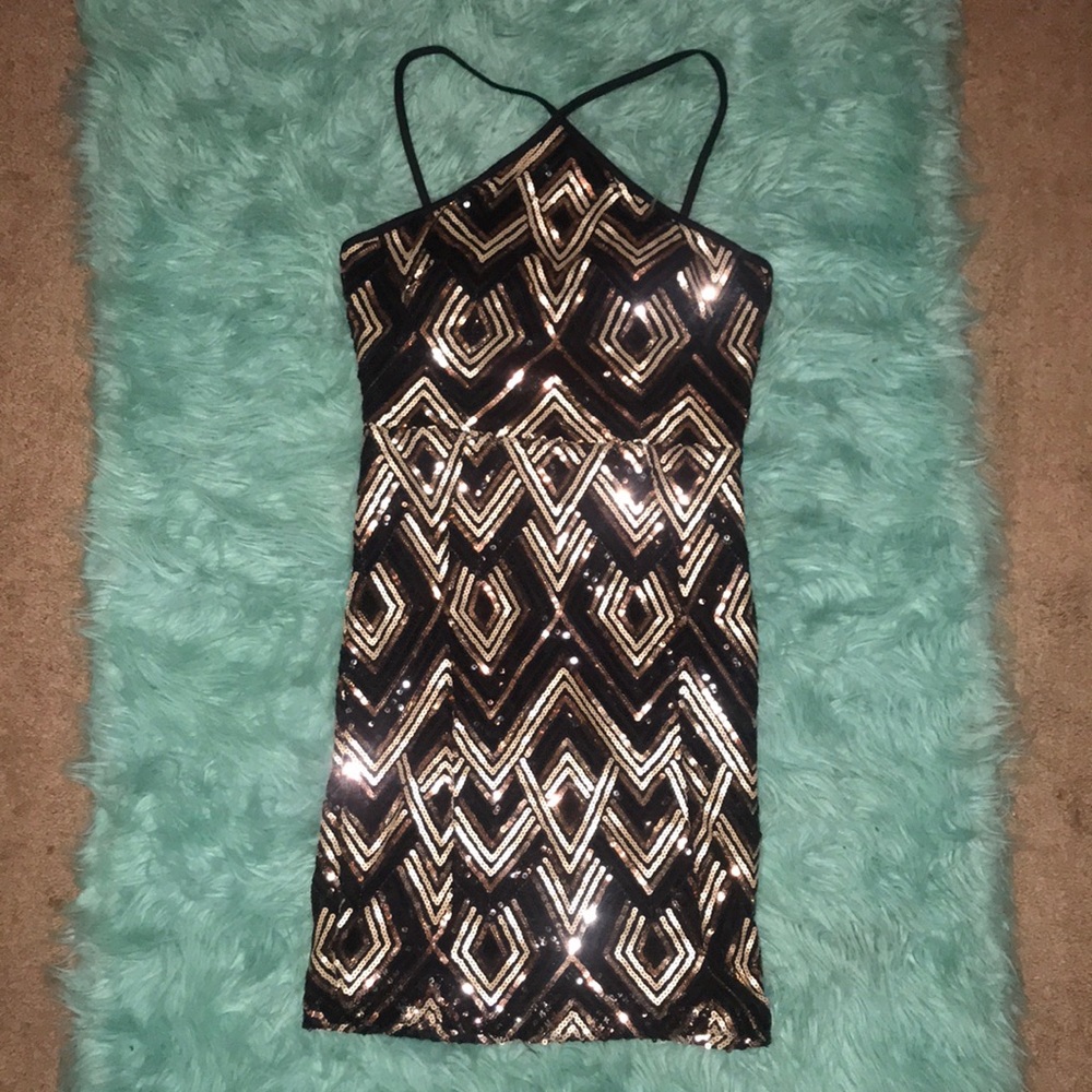 NWT Midnight Doll black & gold sequins mini dress